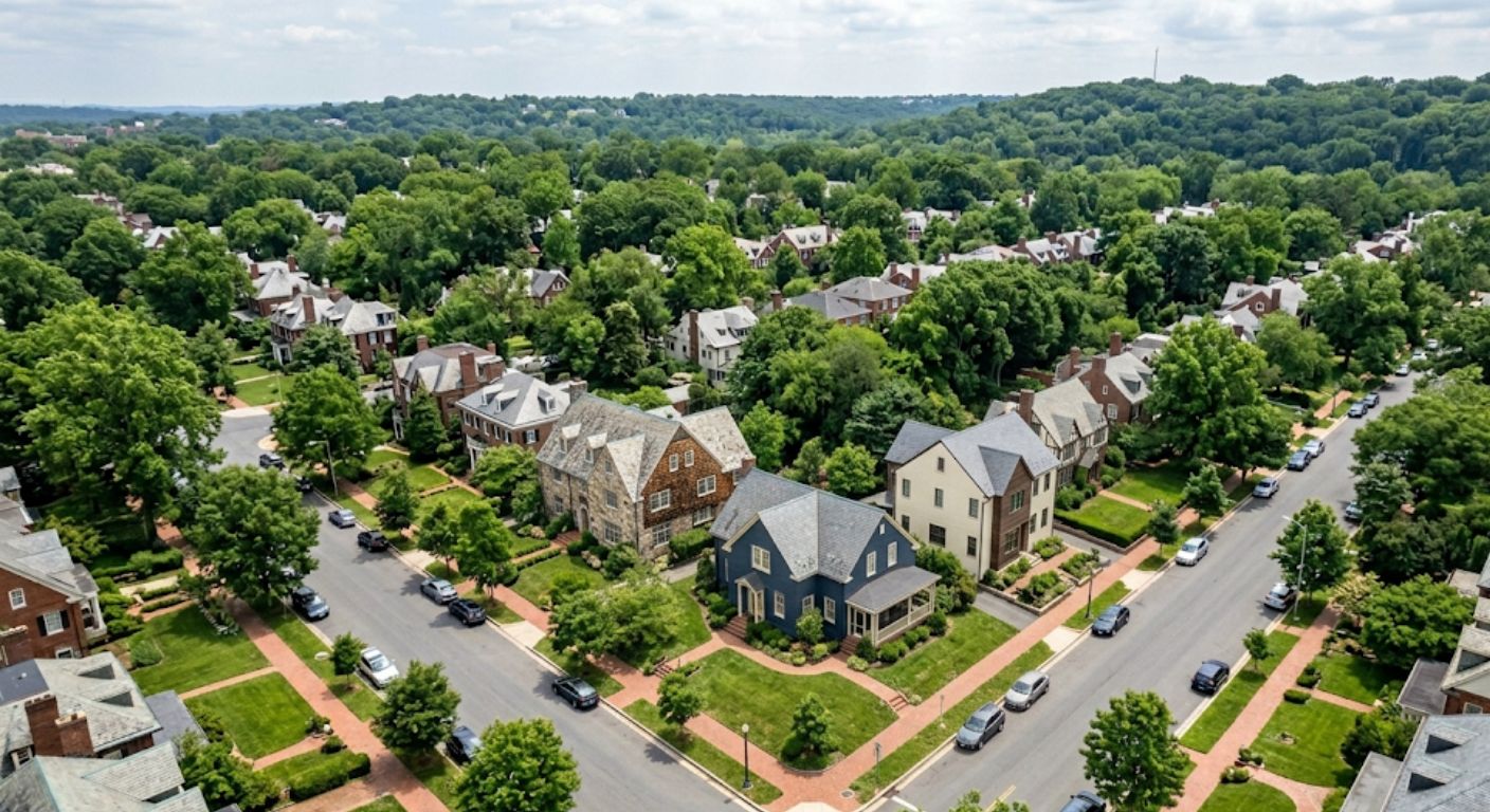 Aerial view of a luxury residential neighborhood with mature tree canopy in Northwest Washington DC