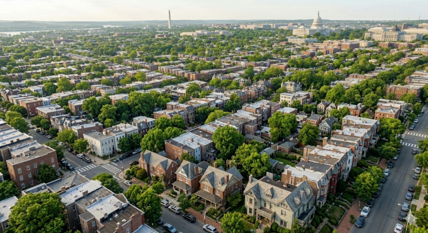 Aerial view of Washington DC residential neighborhoods with brick rowhouses green tree canopy and the Capitol dome visible in the distance
