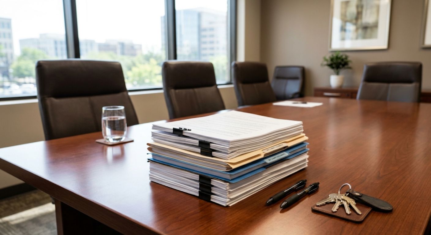 Settlement table with stacked closing documents and a set of house keys at a DC area title company