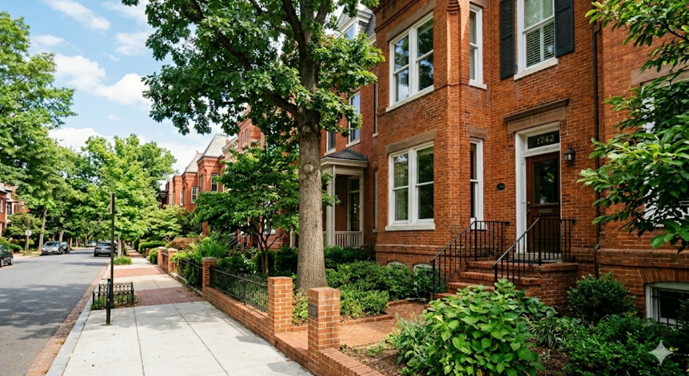 Sold sign in front of a brick rowhouse on a tree-lined residential street in Washington DC on a sunny afternoon