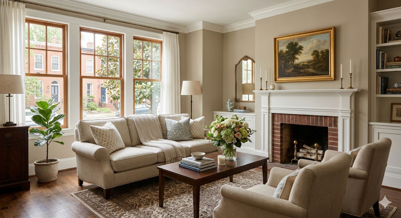 Staged living room in a Washington DC home ready for buyer showings