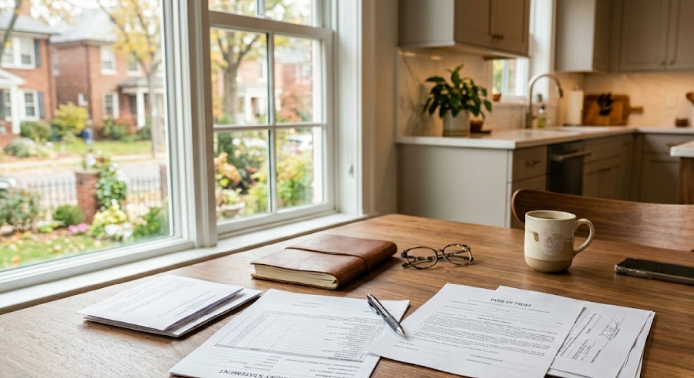Buyer reviewing real estate offer documents at a kitchen table preparing to make an offer in Washington DC