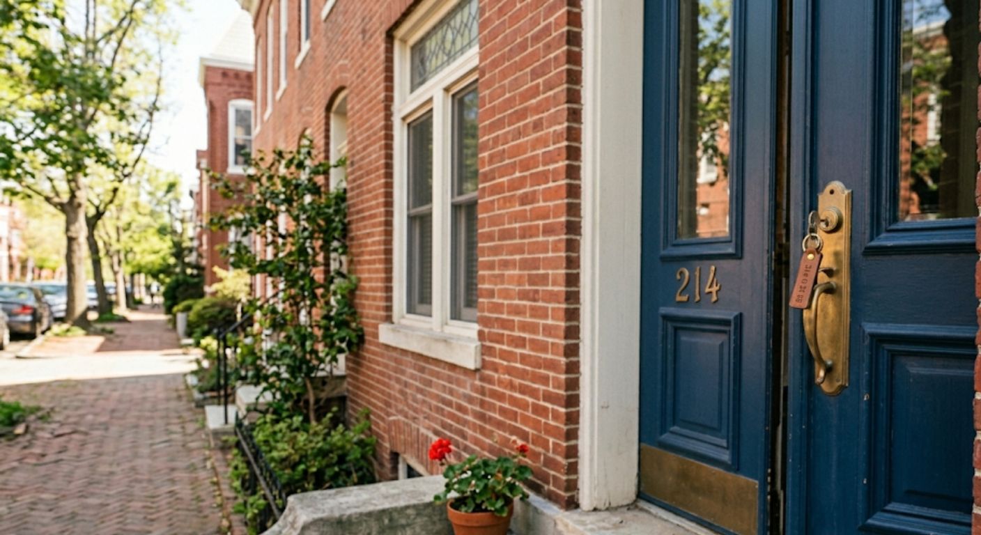 Buyer receiving house keys at the front door of a Washington DC red brick row home