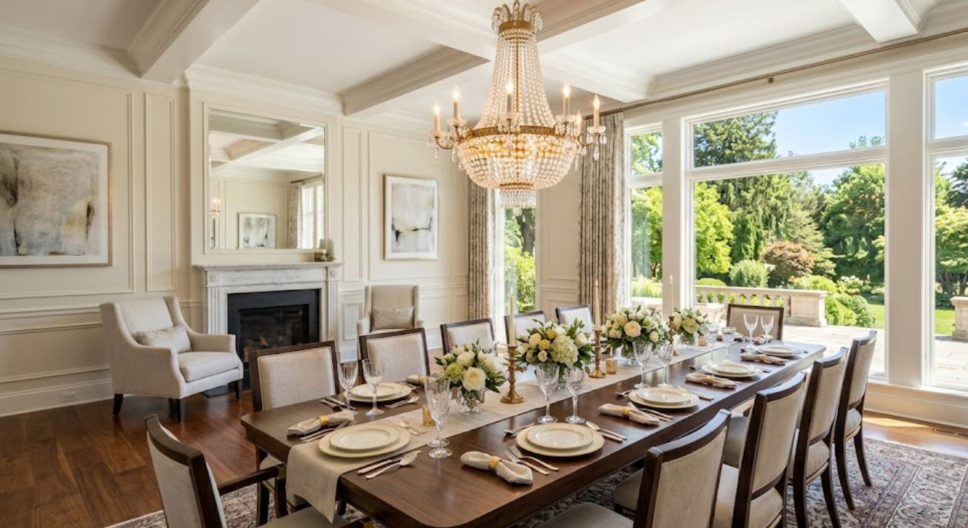 Staged luxury dining room with long table and statement light fixture in a DC home