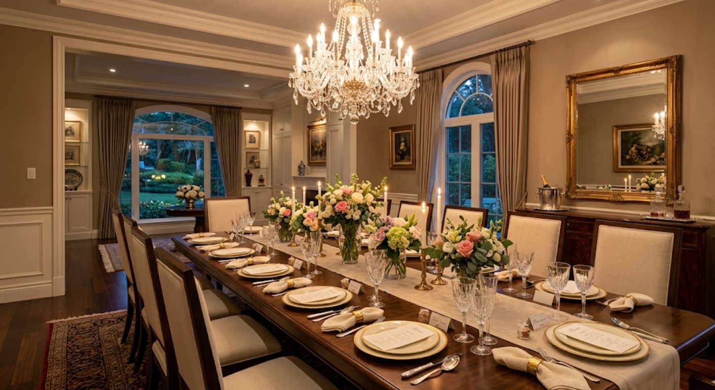 Formal dining room with chandelier and fresh flowers in a DC luxury home