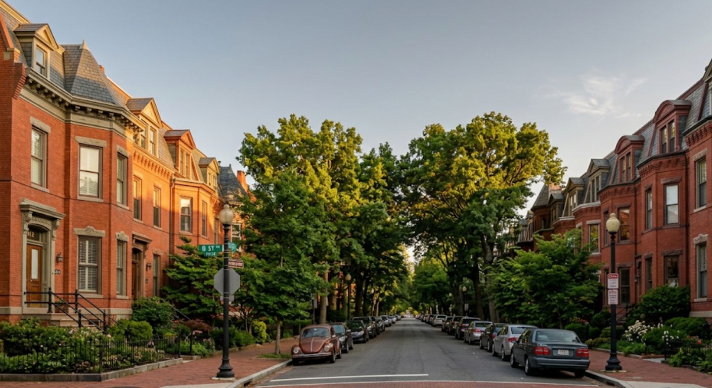 Tree-lined residential street of red brick row homes in Washington DC representing the city's resilient real estate market