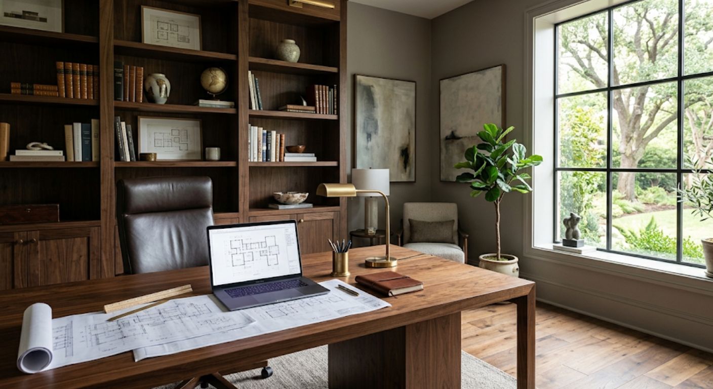 Luxury home office with wooden desk and built-in bookshelves in a Washington DC home