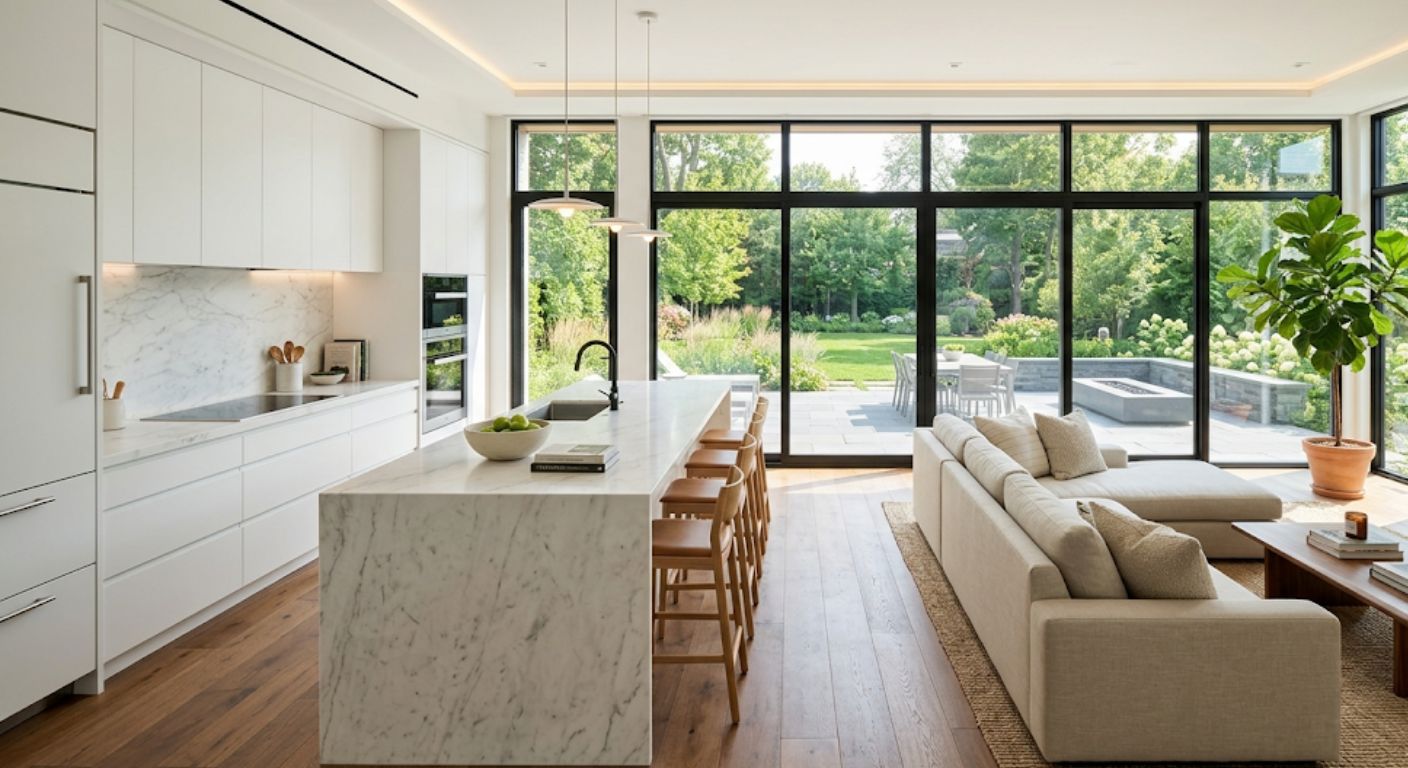 Open-plan luxury kitchen with marble island and backyard views in a Washington DC home