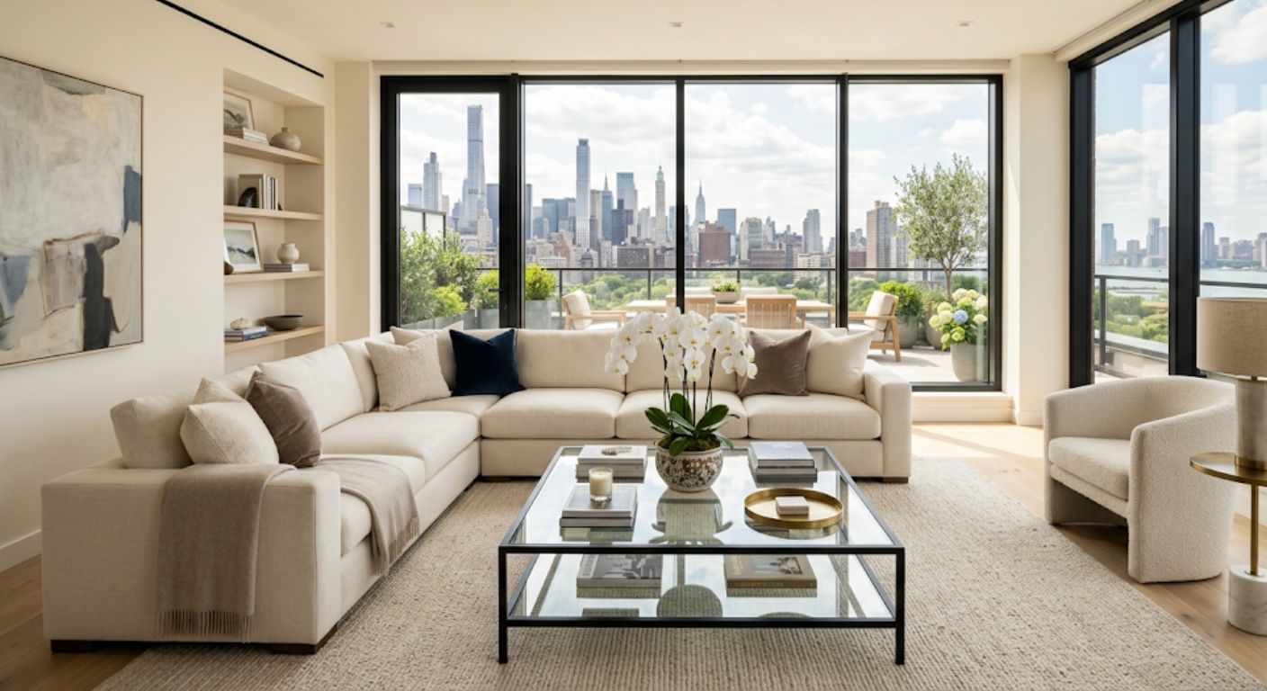 Staged luxury living room with floor-to-ceiling windows and terrace in Washington DC