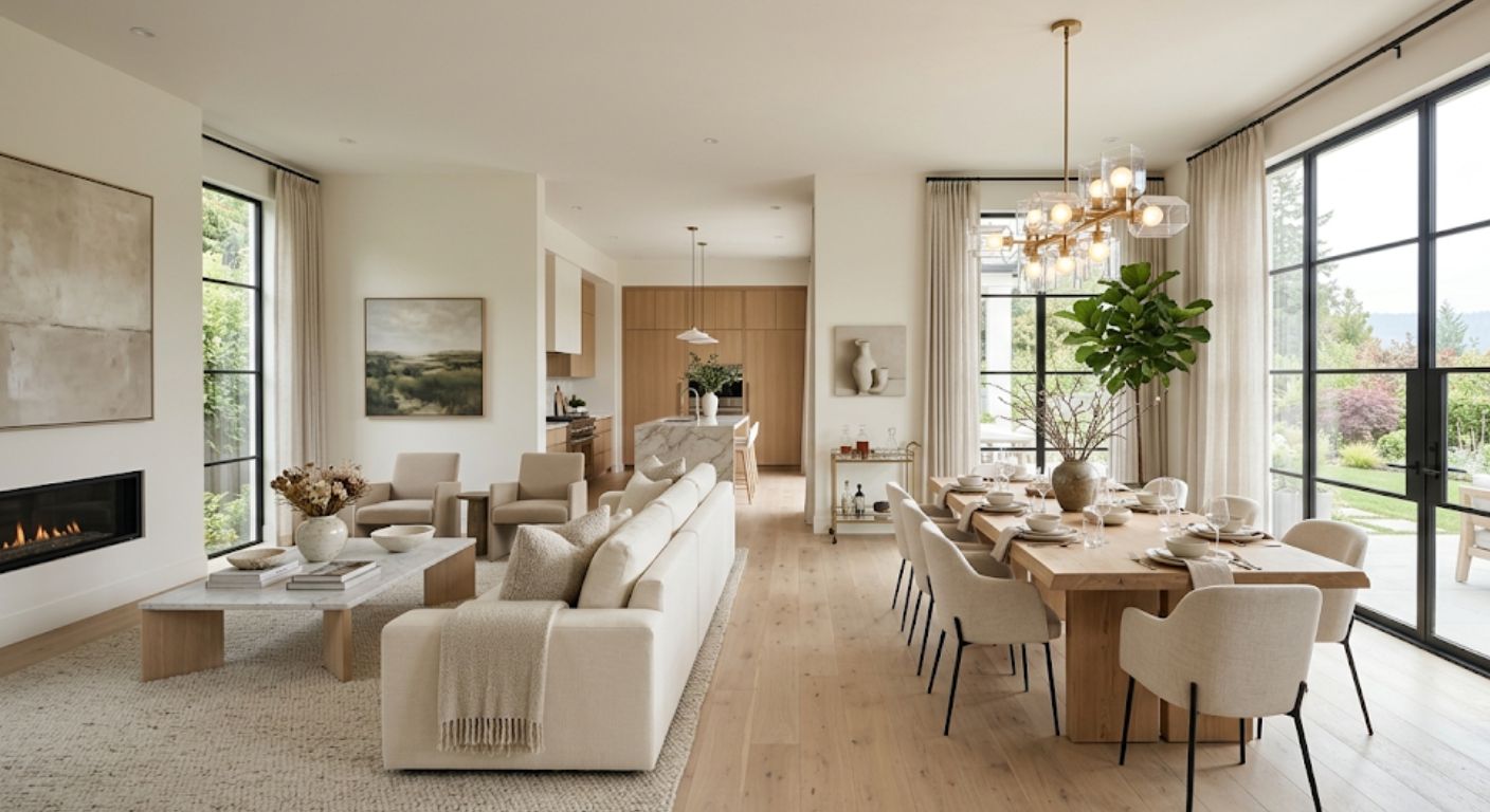 Open concept luxury living and dining room with chandelier in a DC home
