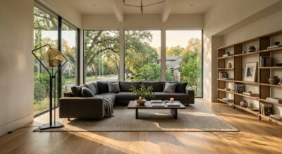 Wide luxury living room with floor-to-ceiling windows and oak floors in Washington DC