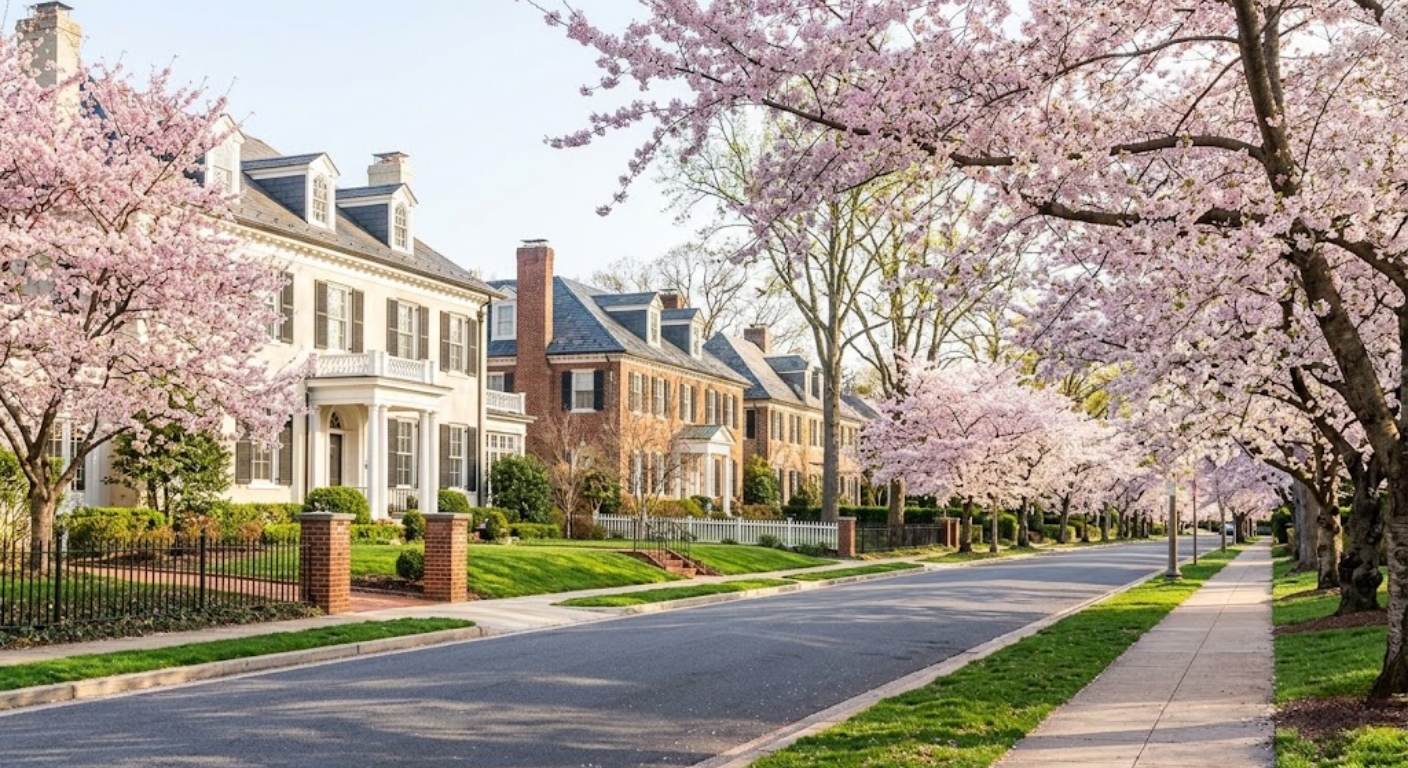 Cherry blossoms lining a street in an upscale Northwest Washington DC neighborhood in spring