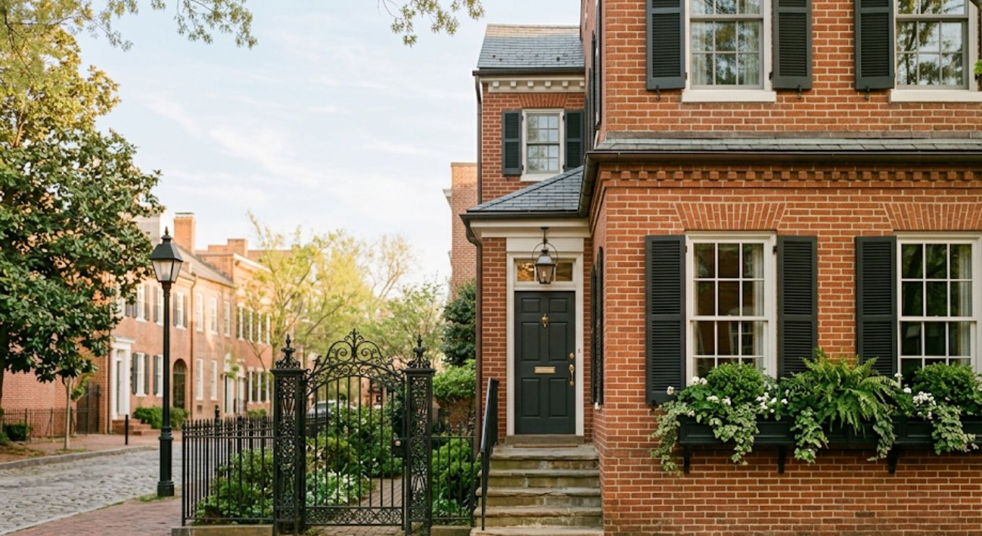 Brick Federal-style luxury home in Georgetown Washington DC with iron gate and stone steps