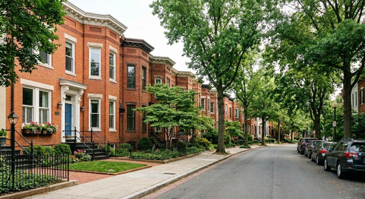 Row of brick homes on a DC residential street with a for-sale sign in front of one property