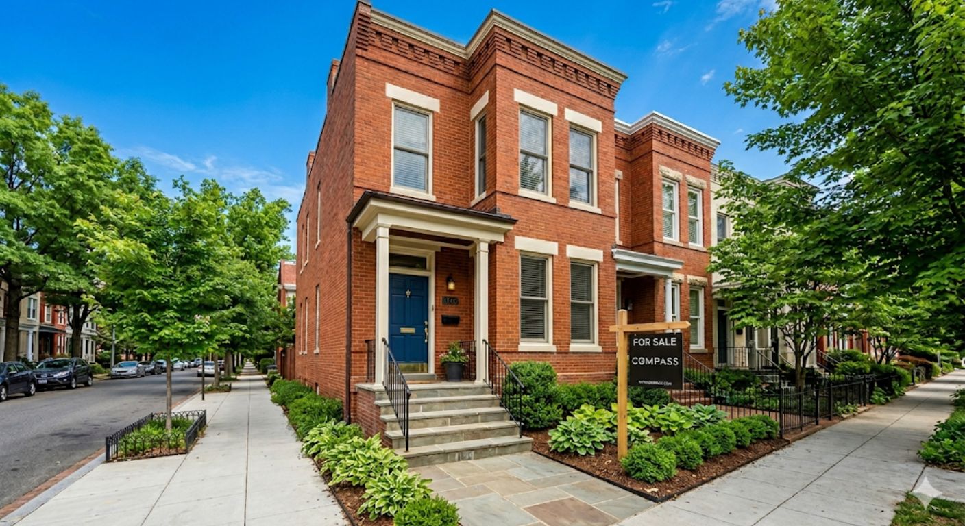 Brick rowhouse with a For Sale sign on a tree-lined street in Washington DC under a deep blue sky