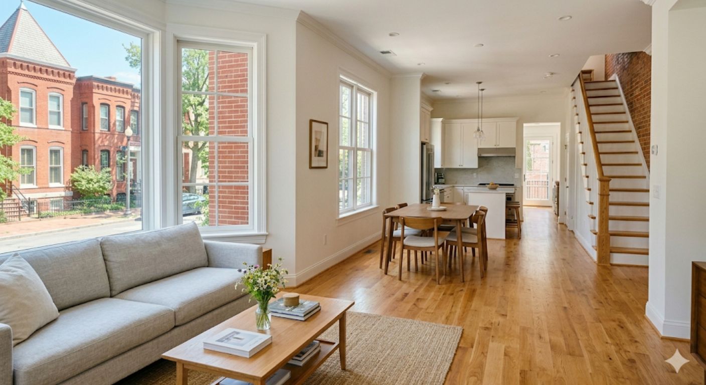 Bright well-staged interior of a Washington DC rowhouse with natural light and brick detail visible through the window during an open house