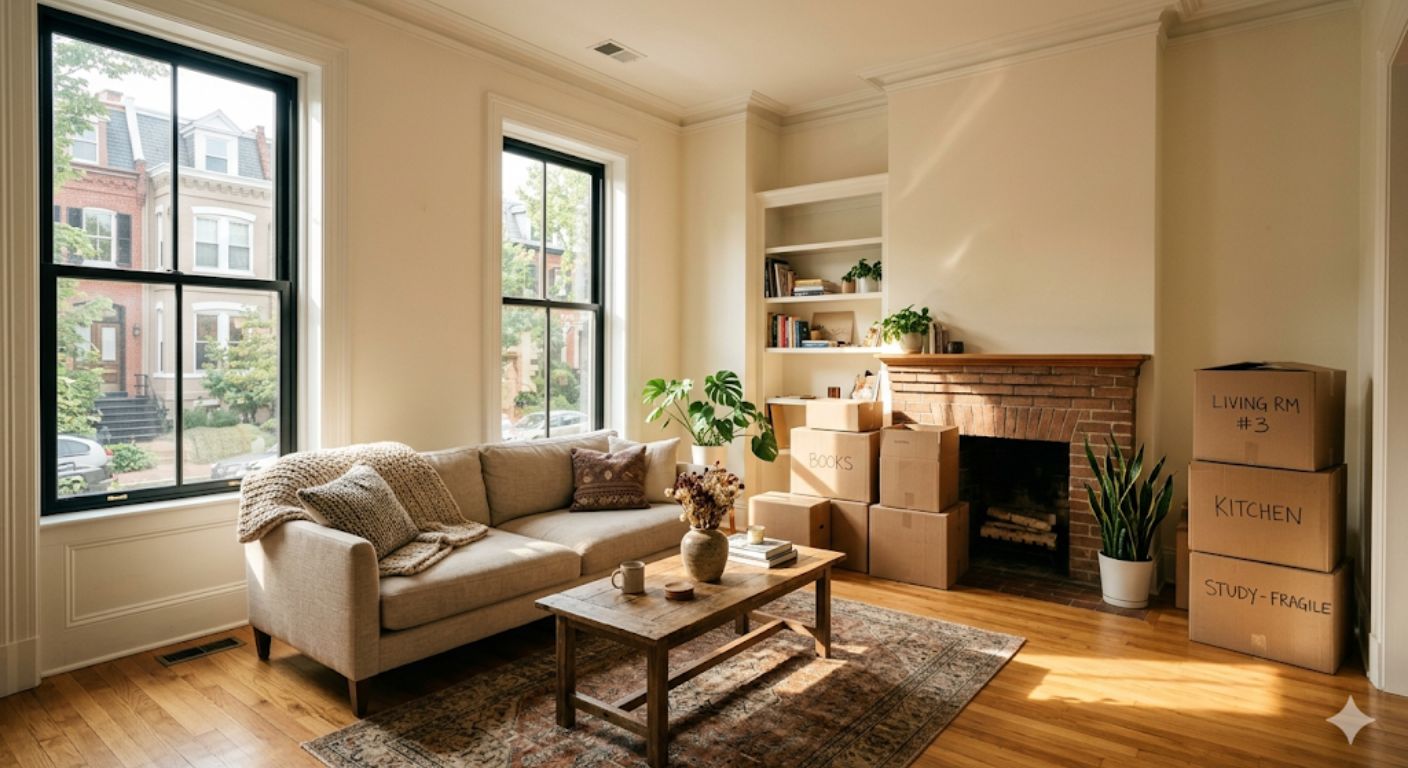 Bright spacious DC rowhouse living room with afternoon sunlight streaming through tall windows and moving boxes visible in the background
