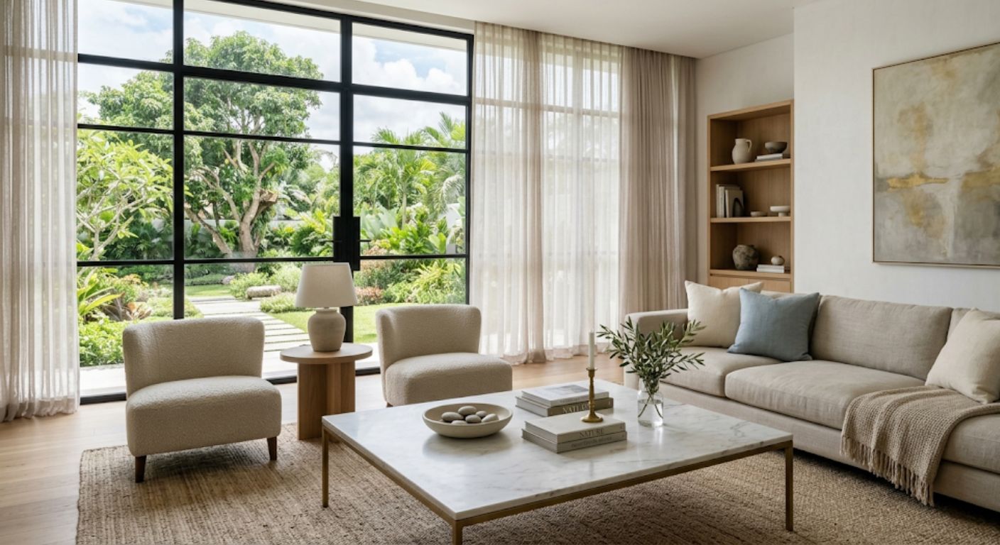 Bright luxury living room with marble coffee table and garden views in a DC suburb home