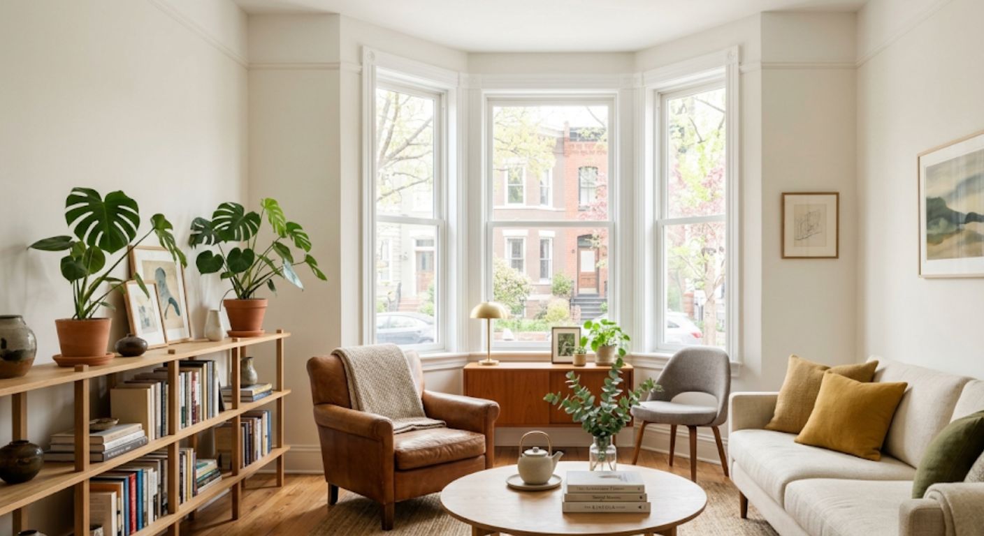 Bright organized smaller home living room in Washington DC representing downsizing