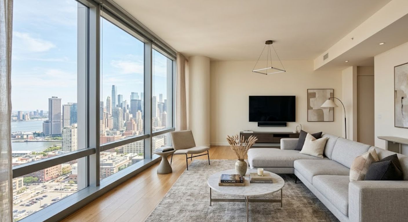 Modern luxury condo living room with floor-to-ceiling windows and city view in DC