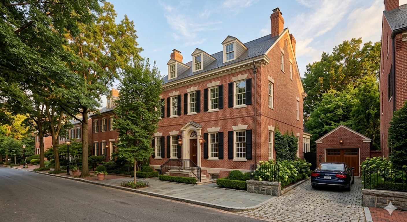 Elegant brick Federal-style townhouse on a tree-lined street in Washington DC with golden afternoon light and refined architectural details