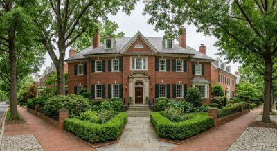 Exterior of a large traditional brick home with mature trees and formal entrance in Northwest Washington DC