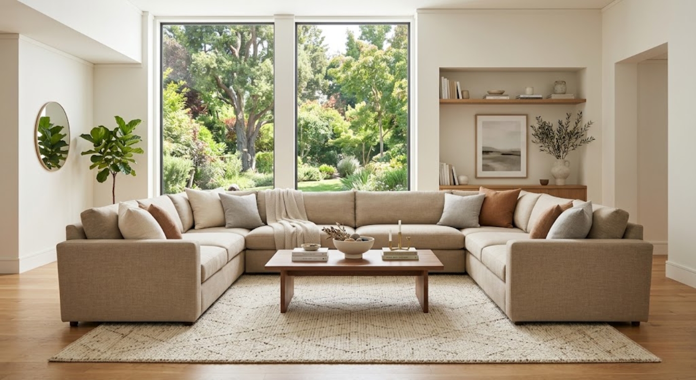 Bright luxury living room with sectional sofa and tall windows in a Washington DC first home