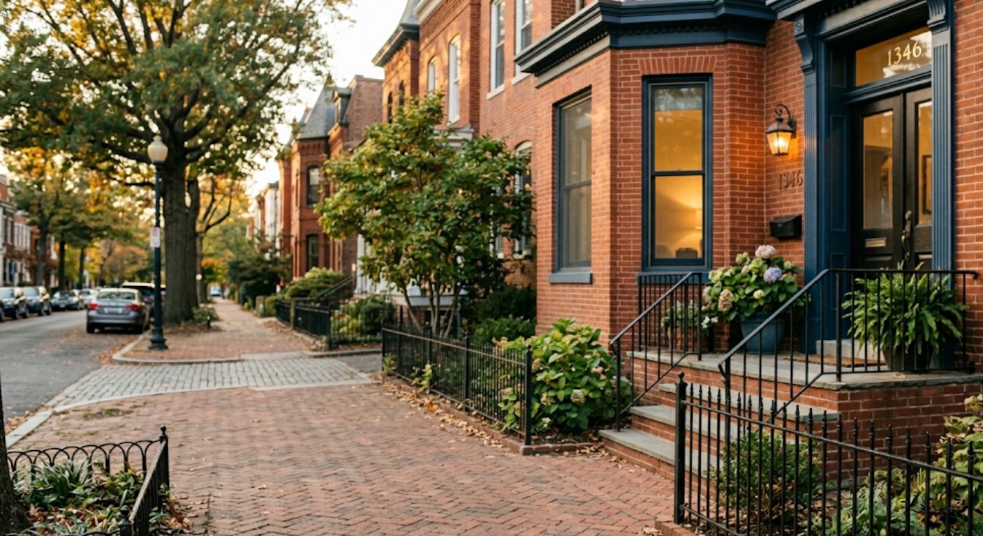Person holding house keys outside a brick rowhouse in Washington DC