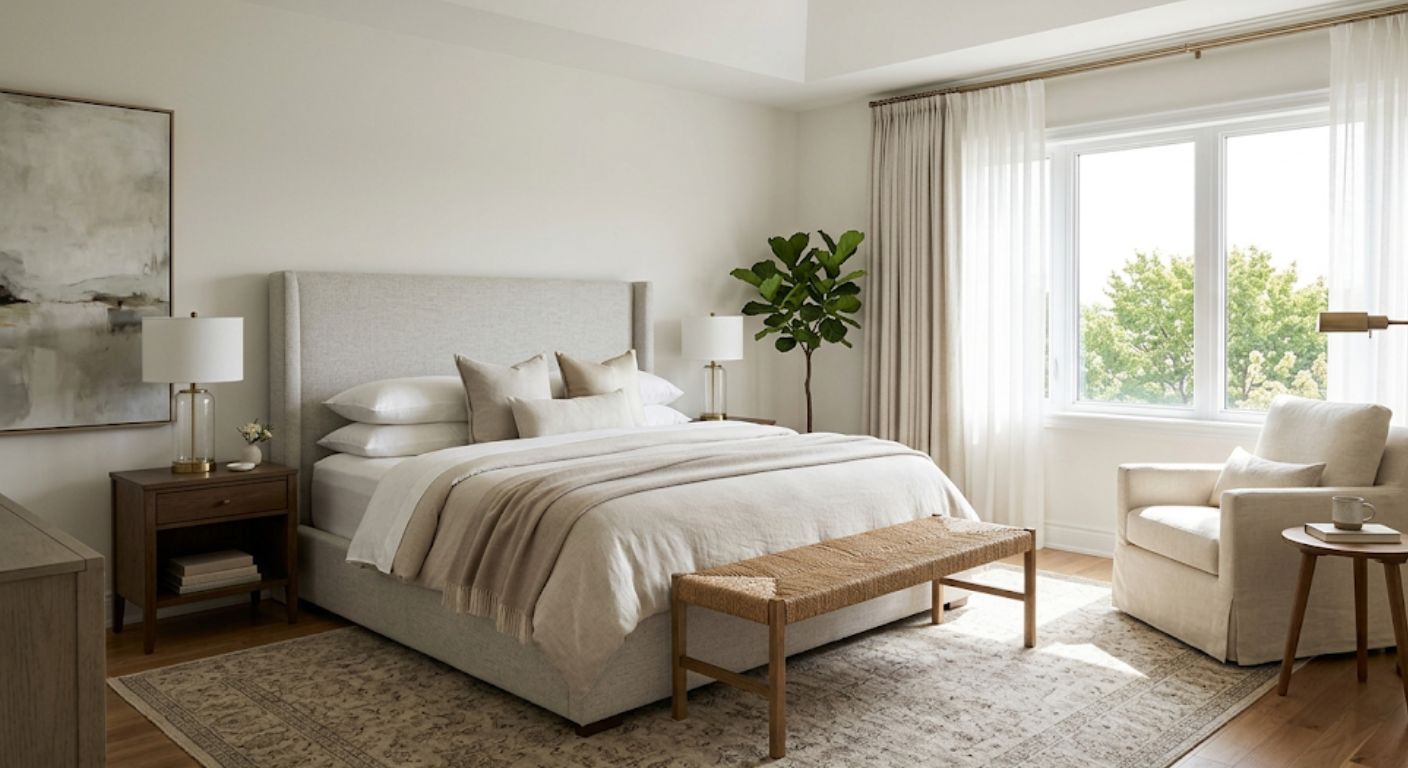 Luxury primary bedroom with upholstered bed and reading chair in a DC home