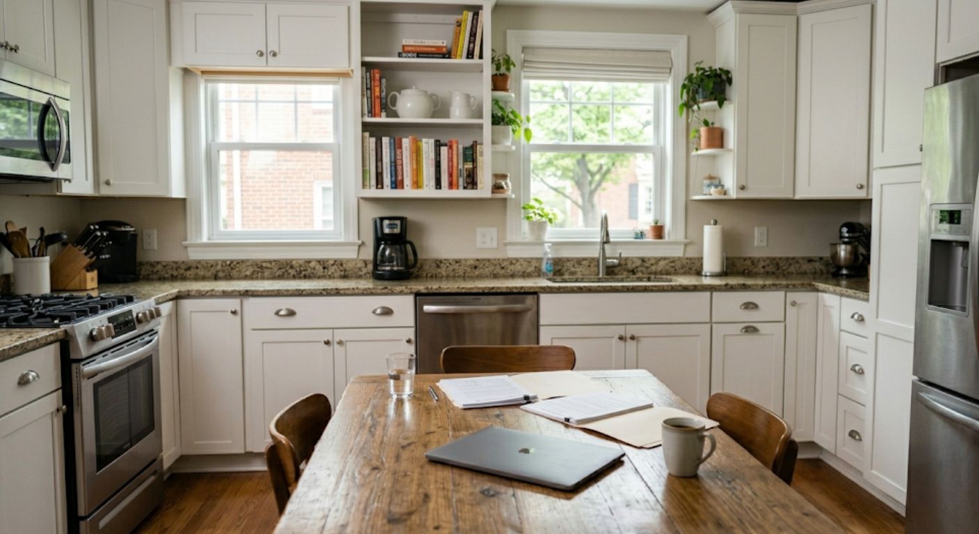 First-time home seller in Washington DC reviewing listing documents with a real estate agent at a kitchen table