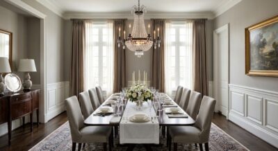 Elegantly staged formal dining room with crystal chandelier and linen in a Washington DC luxury home