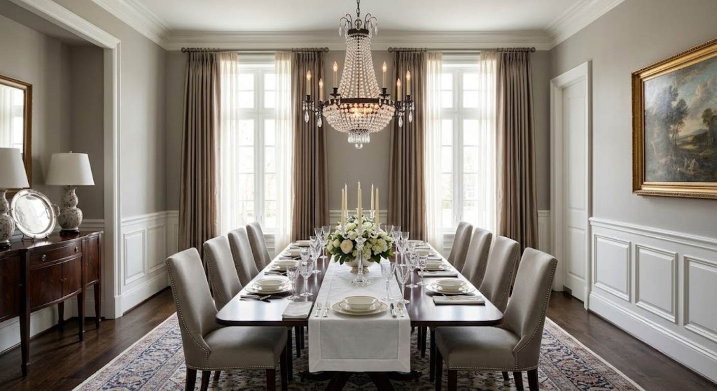 Elegantly staged formal dining room with crystal chandelier and linen in a Washington DC luxury home