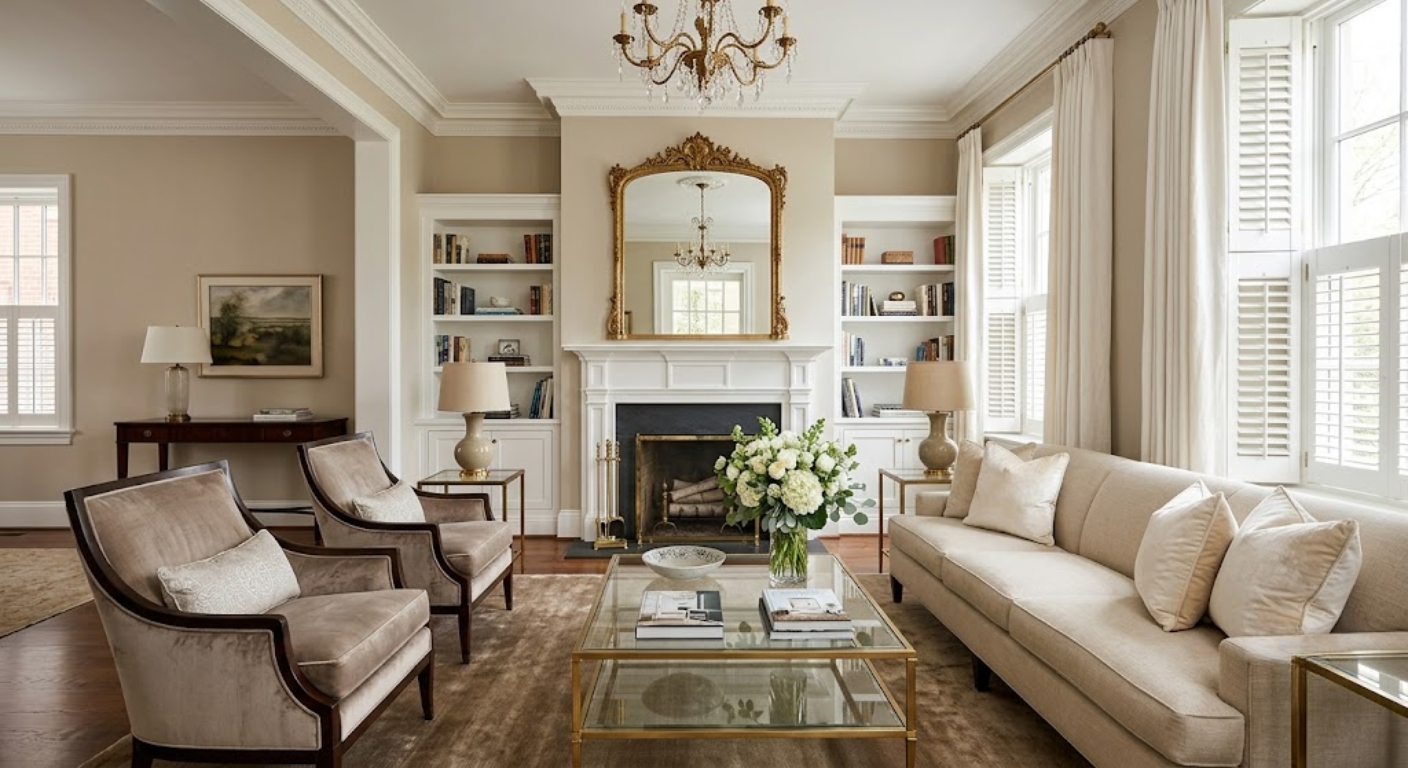 Formal luxury living room with white fireplace and fresh flowers in a Washington DC home
