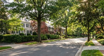 Wooded street in Foxhall DC with large luxury homes behind mature trees and manicured hedges
