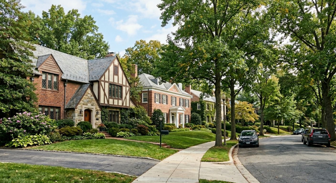 Tree-lined street with large Tudor and Colonial homes in Foxhall DC neighborhood