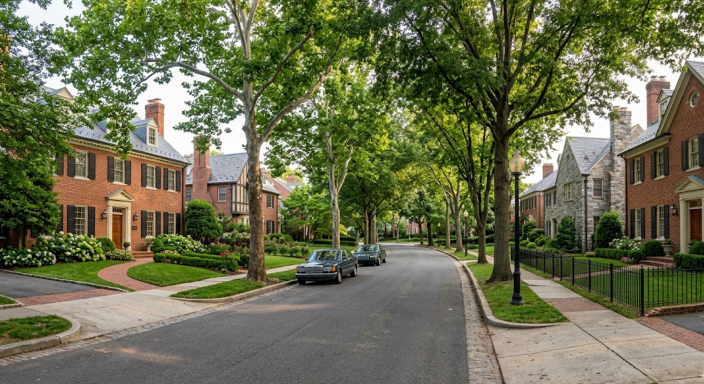 Tree lined street with brick homes and mature trees in Foxhall DC