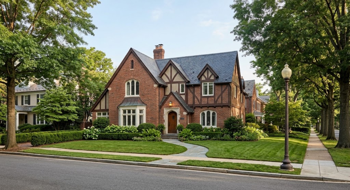 Traditional brick Tudor-style luxury home on a tree-lined street in Foxhall, Northwest Washington DC