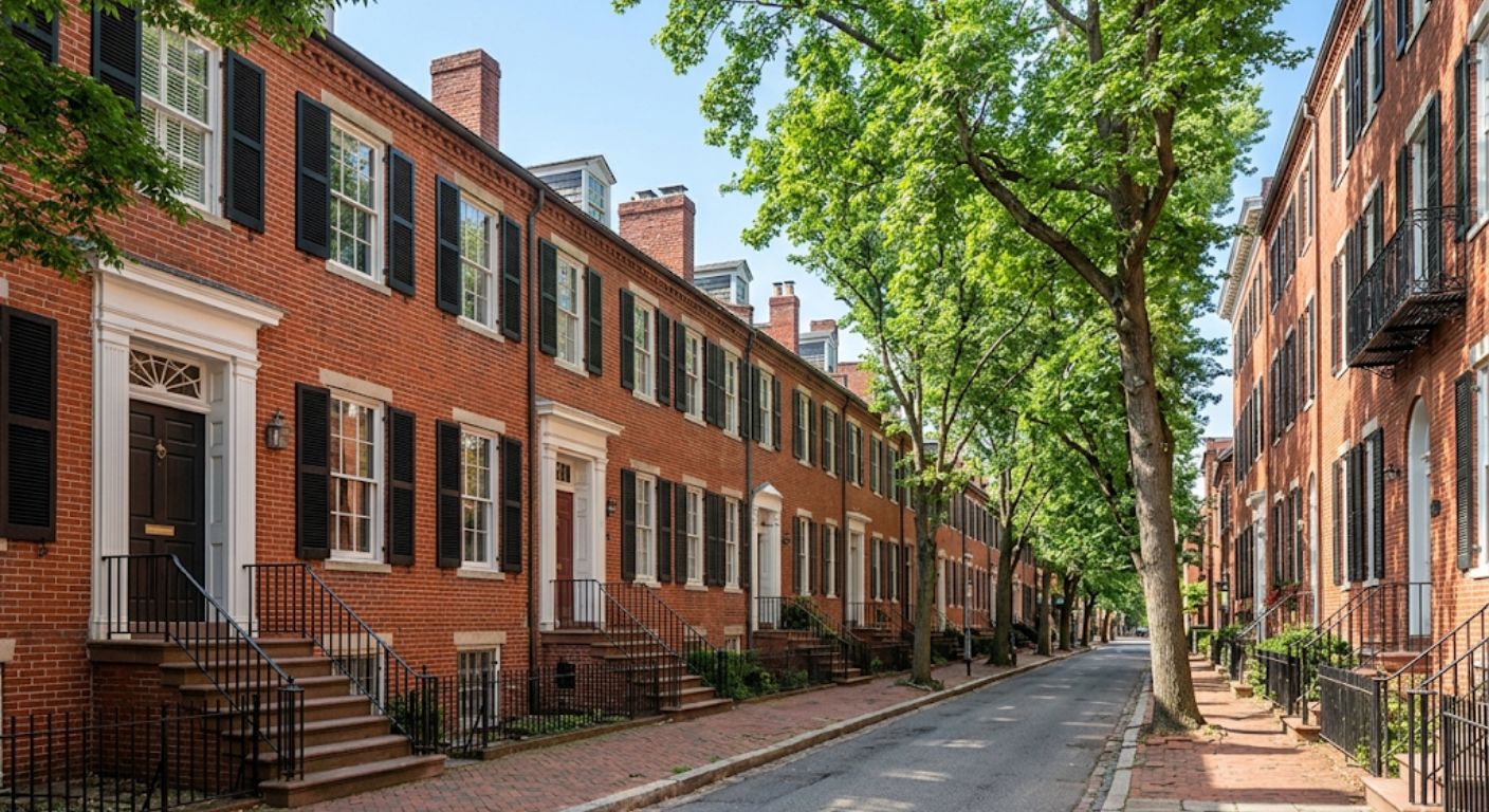 Historic red brick rowhouses on a tree-lined Georgetown DC street