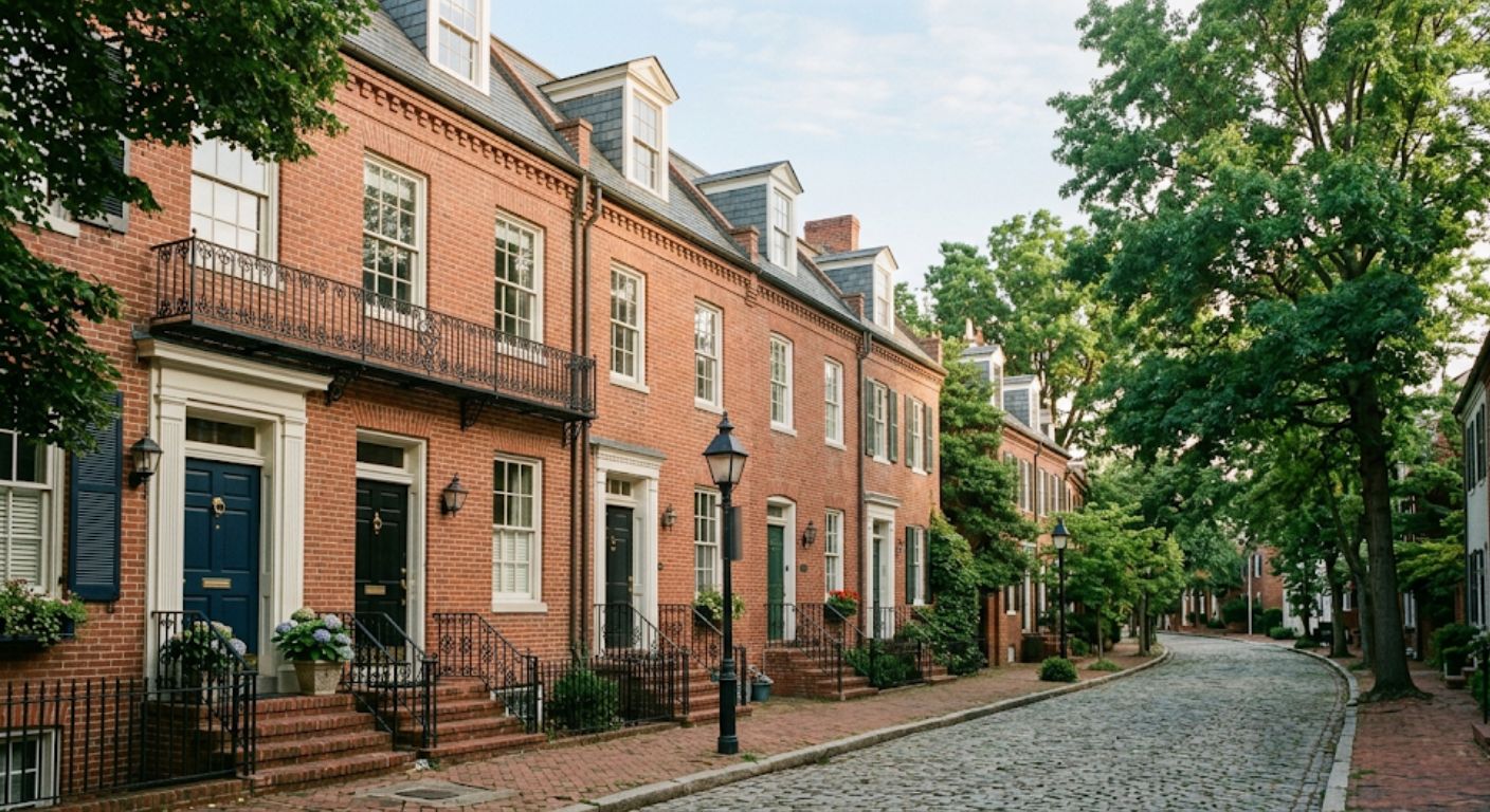 Row of historic brick townhomes on a Georgetown DC cobblestone street