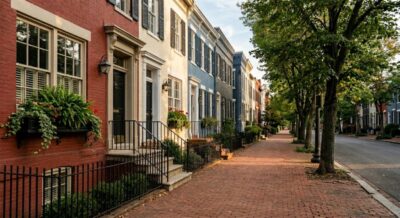 Historic brick rowhouse street with iron railings and gas lanterns in Georgetown DC