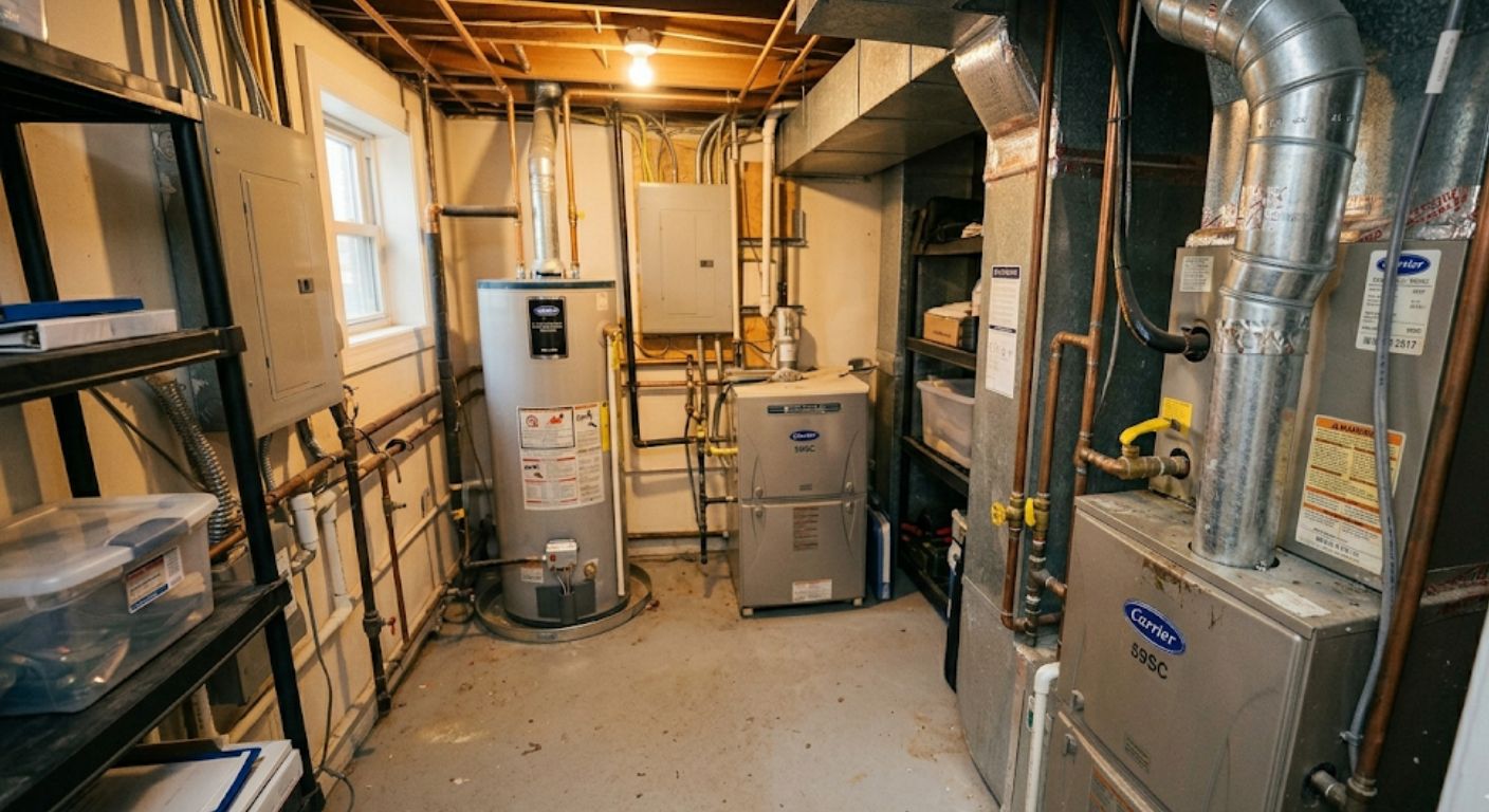 Home inspector examining mechanical room of a DC area home with clipboard and flashlight