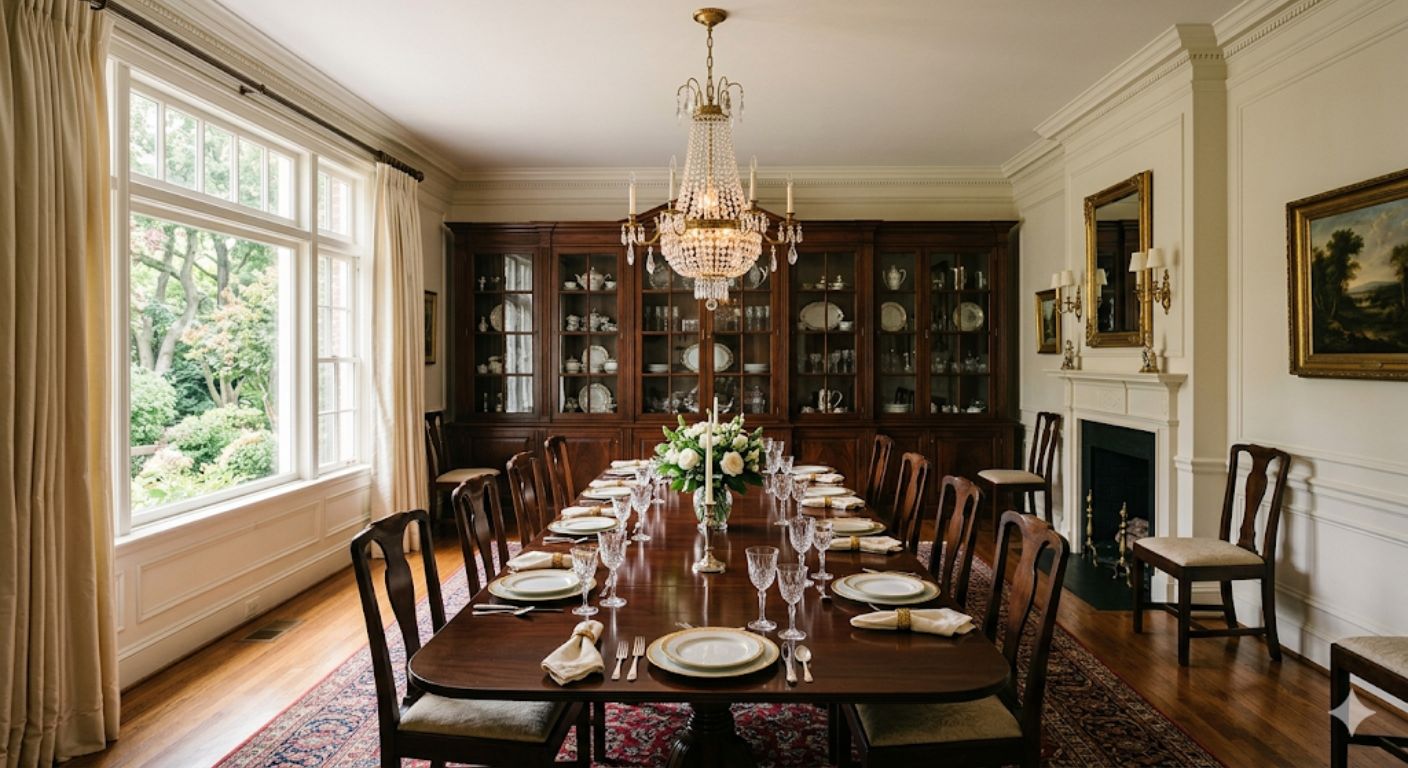 Formal dining room with chandelier in a luxury home
