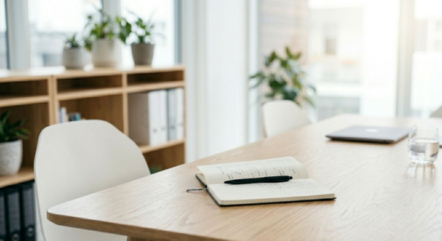 Two people having a professional conversation at a table representing a real estate agent interview
