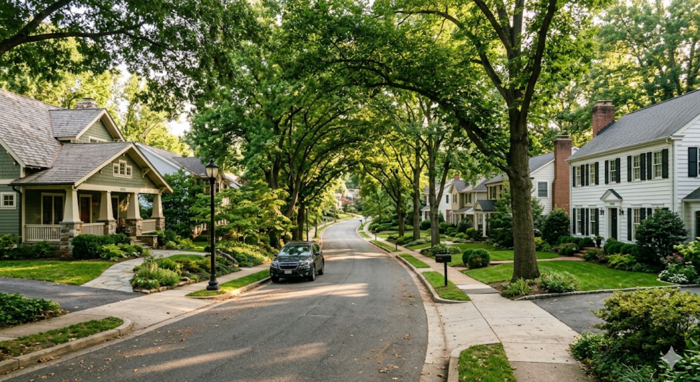 Mature tree-lined residential street in The Palisades neighborhood of Northwest Washington DC