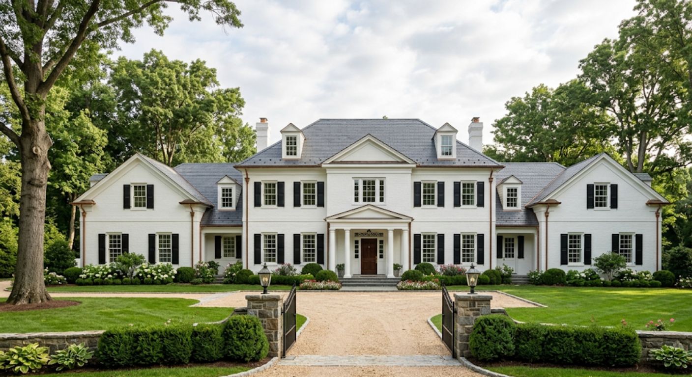 Exterior of a large colonial luxury home in McLean Virginia with mature oak trees
