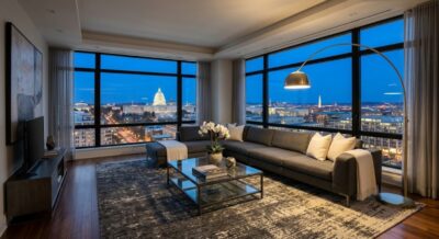 Modern luxury condo living room with floor-to-ceiling windows and city views in Washington DC