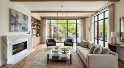 Elegant luxury condo living room with hardwood floors and large windows in Georgetown Washington DC