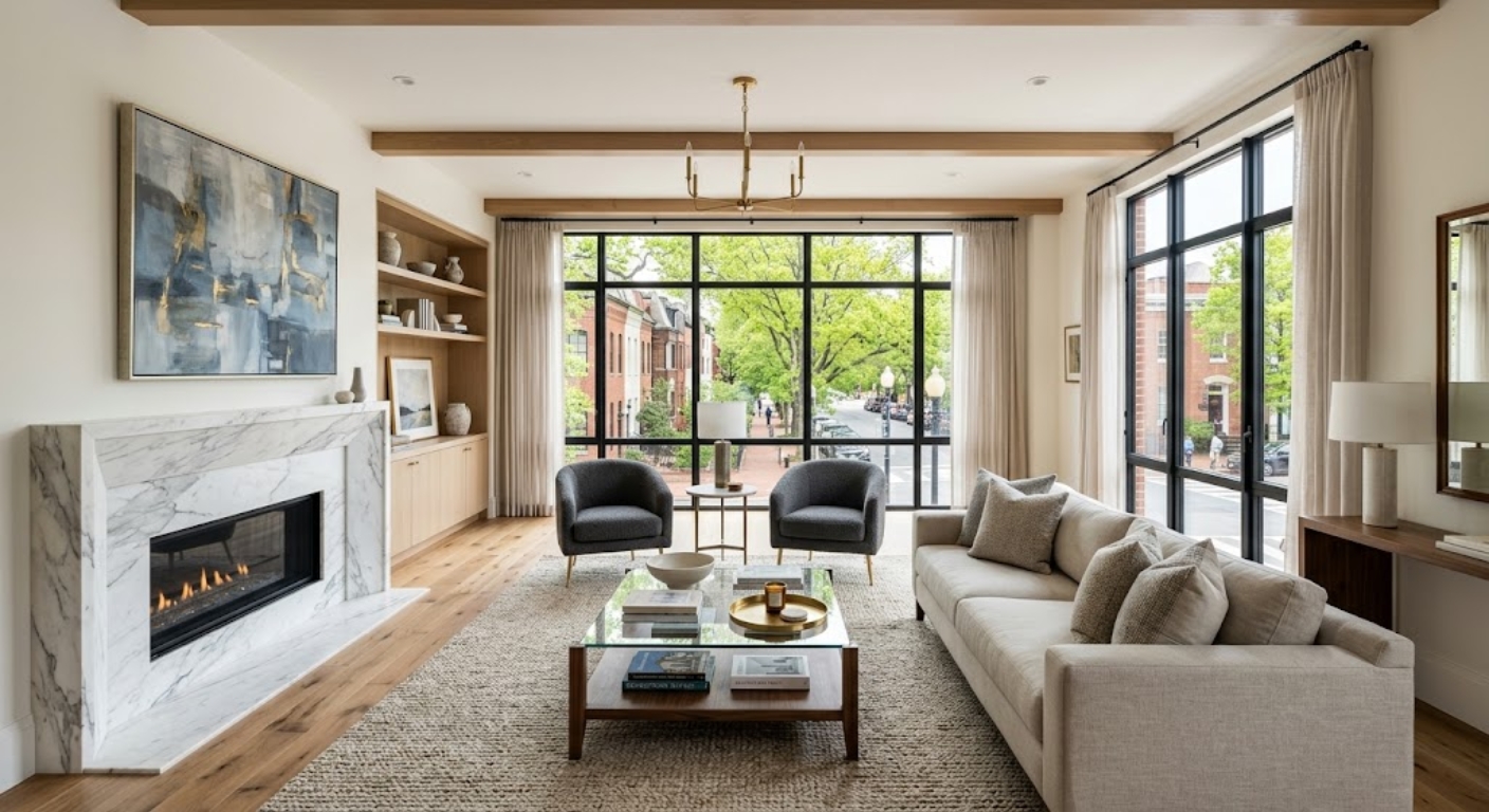 Elegant luxury condo living room with hardwood floors and large windows in Georgetown Washington DC