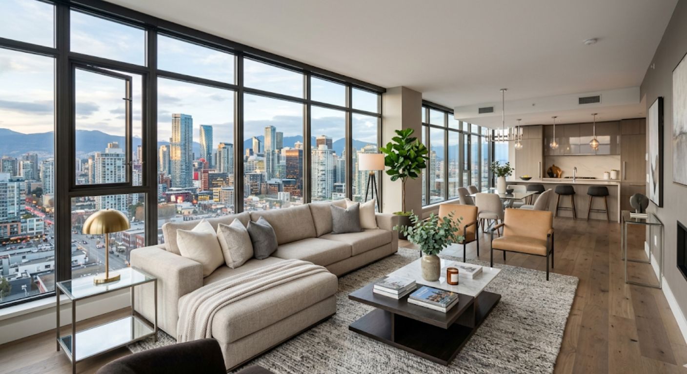 Luxury condo living room with floor to ceiling windows and city view in Washington DC