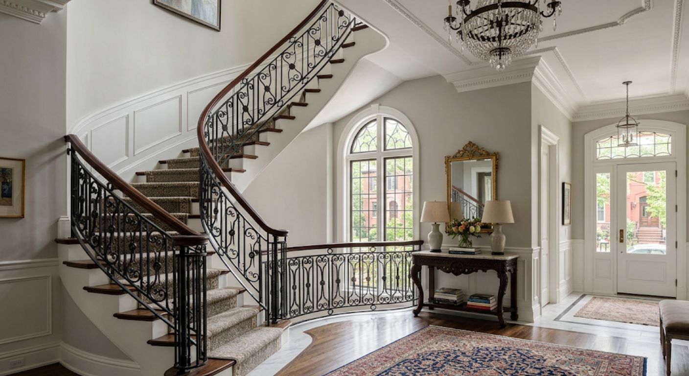 Elegant entryway with staircase and console table in a luxury DC home